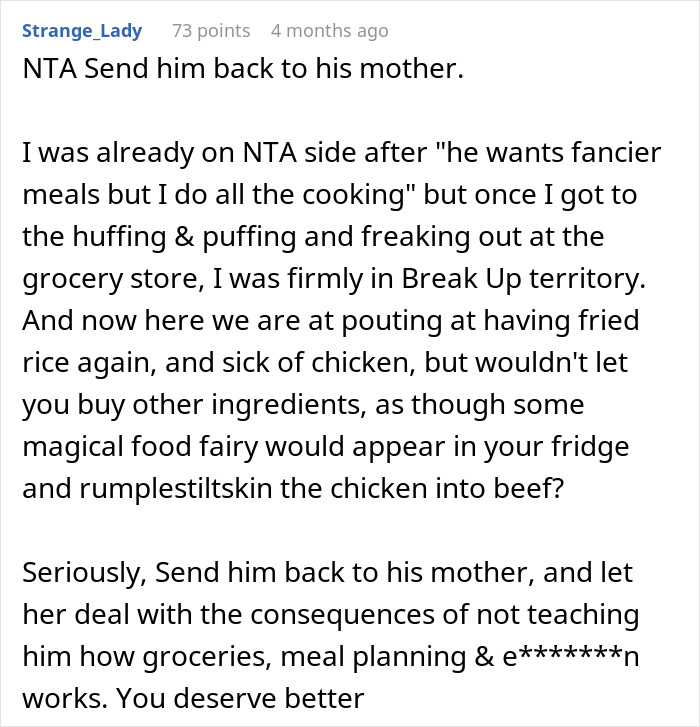 Comment discussing husband yelling at wife for cooking the same meal after restricting ingredient purchases causing frustration.