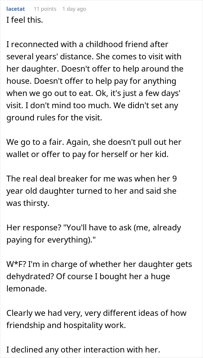 Woman believes friend who forgot wallet, feels duped and unappreciated after hosting and paying for everything.