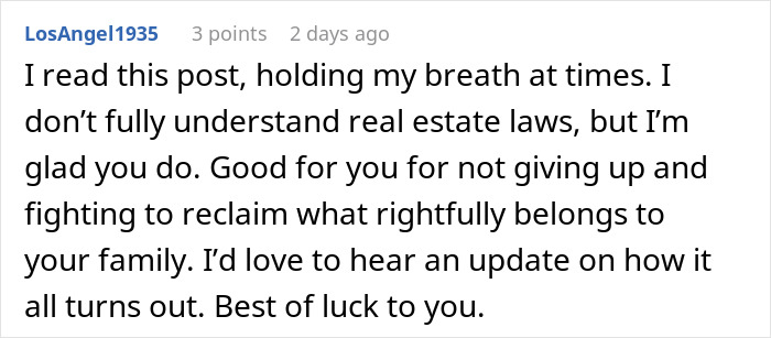 Comment expressing support for grieving daughter determined to drive step-monster to financial ruin and reclaim family rights.