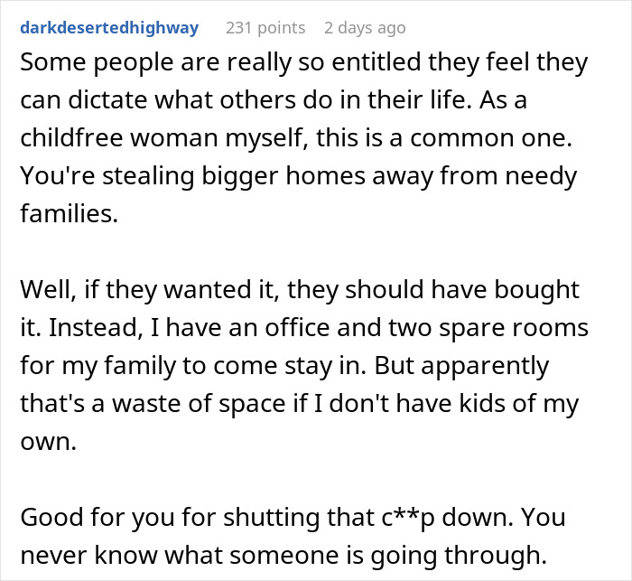 Comment discussing a nosy neighbor shaming a childfree couple for owning a big home with no kids.