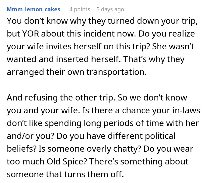 Comment explaining family separate drive to Disneyland due to wife's uninvited trip invitation and arranged own transportation.