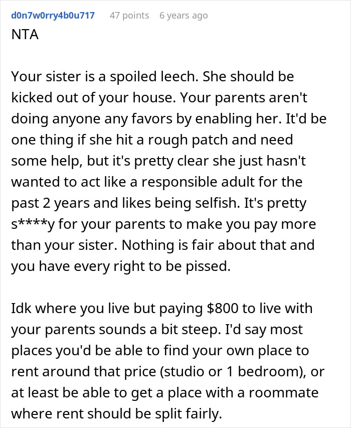 Comment discussing sibling refusing to keep paying rent after finding out sister lives rent free with parents.