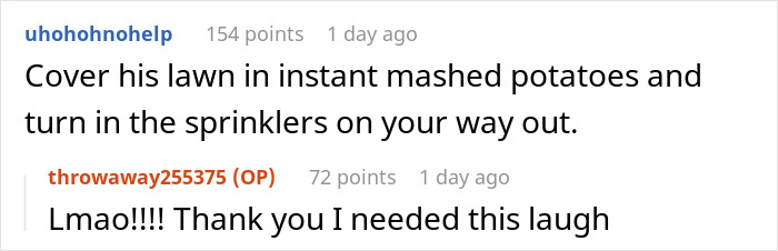 Screenshot of a Reddit conversation with a user suggesting to cover a lawn in mashed potatoes as a prank.