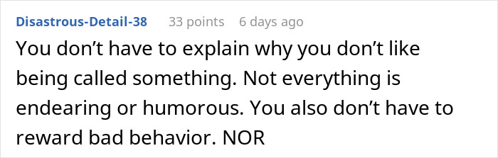 Comment discussing why a woman stopped baking for colleagues due to being uncomfortable with a nickname at work.
