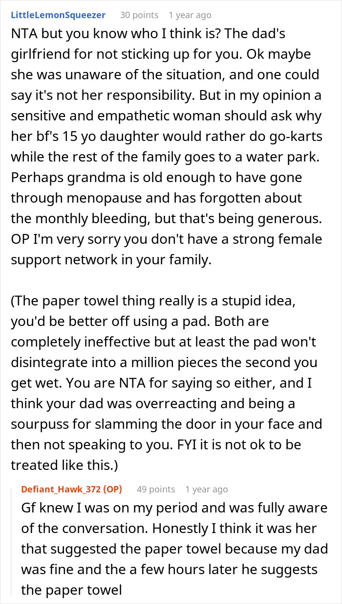 Reddit comments discussing a clueless dad suggesting paper towel to swim on period, and a teen calling out his ideas.