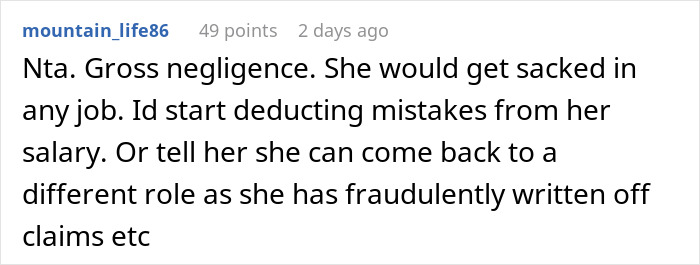 Screenshot of an online discussion about a doctor refusing to rehire sister after costing practice $40,000.