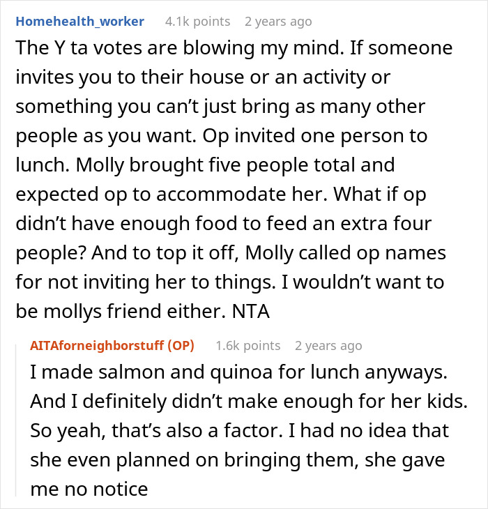 Screenshot of a Reddit conversation about a mom of 4 bringing her kids to group activities and upsetting neighbors.