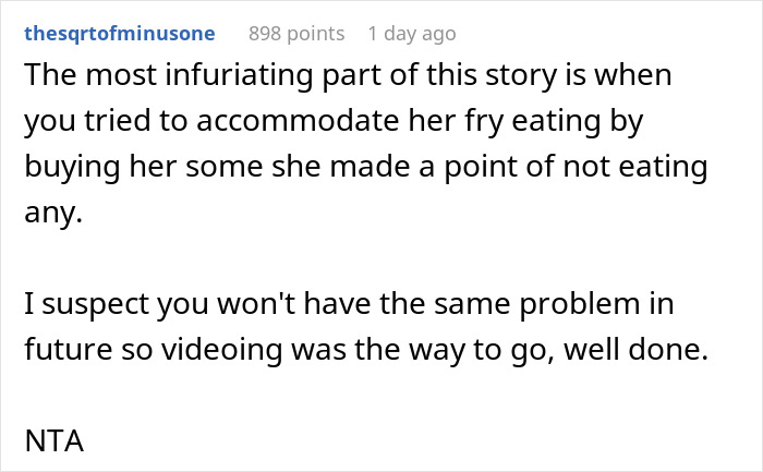 Reddit comment discussing filming wife secretly to prove she eats all his fries and the resulting family drama. Reddit comment discussing filming wife secretly to prove she eats all his fries and the resulting family drama.
