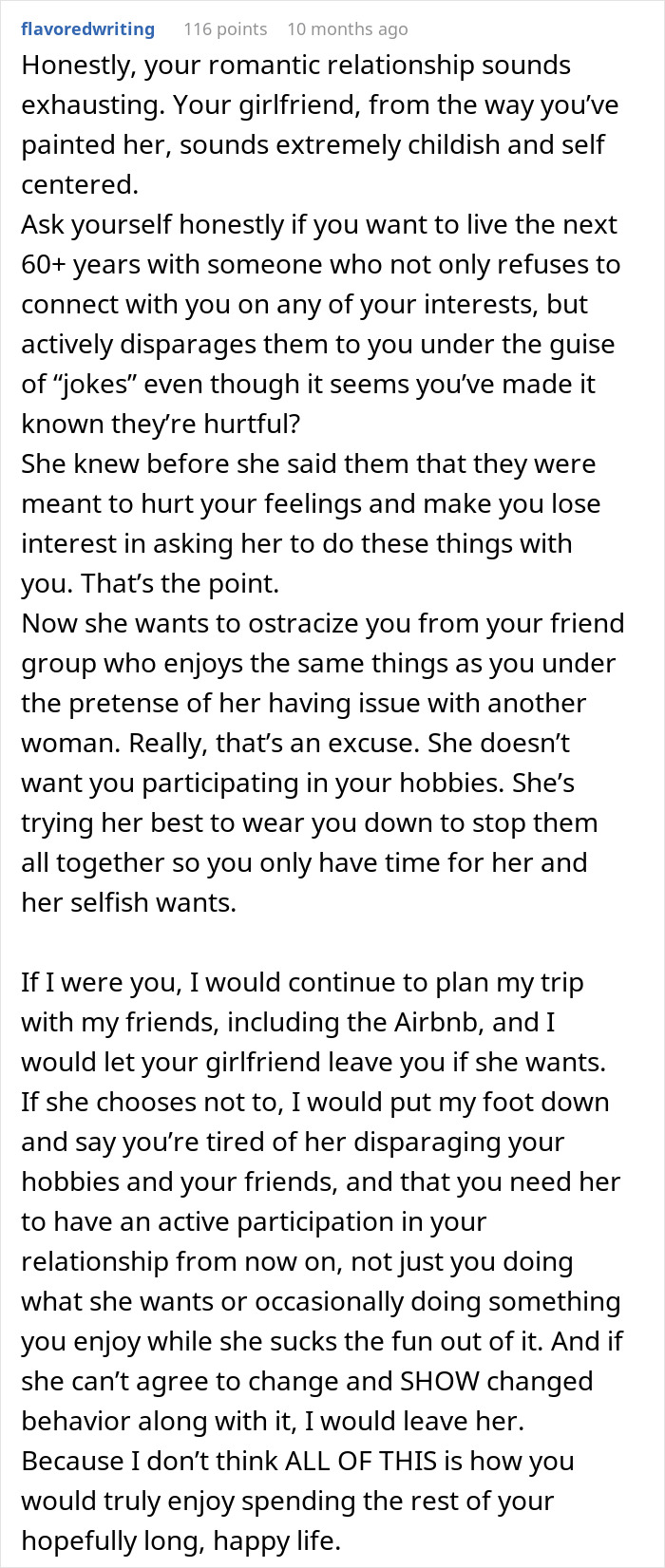 Text advice about a girlfriend not wanting boyfriend to go on trip with female friend, reconsidering relationship boundaries