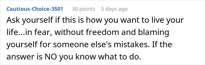 Screenshot of a Reddit comment reflecting on living without fear or blame, related to boyfriend destroyed girlfriends grandmas jewelry box.