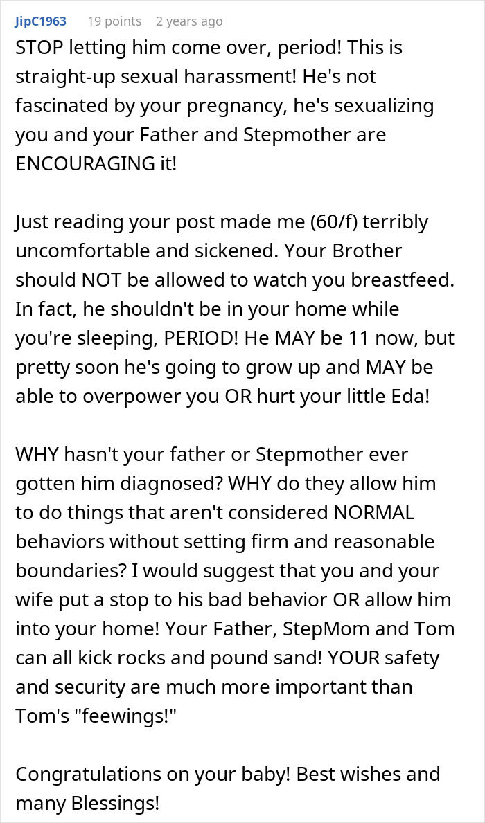 Comment warning about 11-year-old acting creepy around stepsister who just gave birth and parents refusing help.