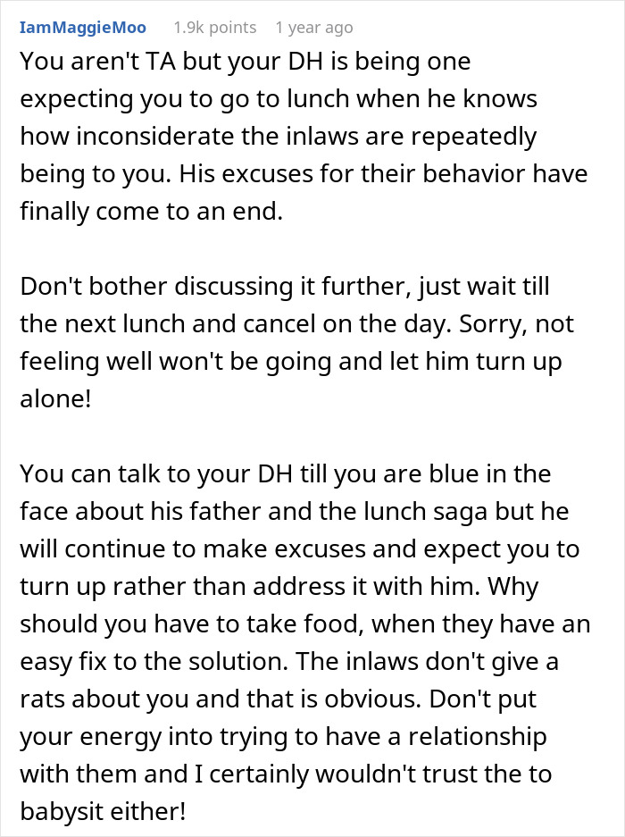 Screenshot of a Reddit comment advising a mom to refuse family dinners due to being ignored by her in-laws. Screenshot of a Reddit comment advising a mom to refuse family dinners due to being ignored by her in-laws.