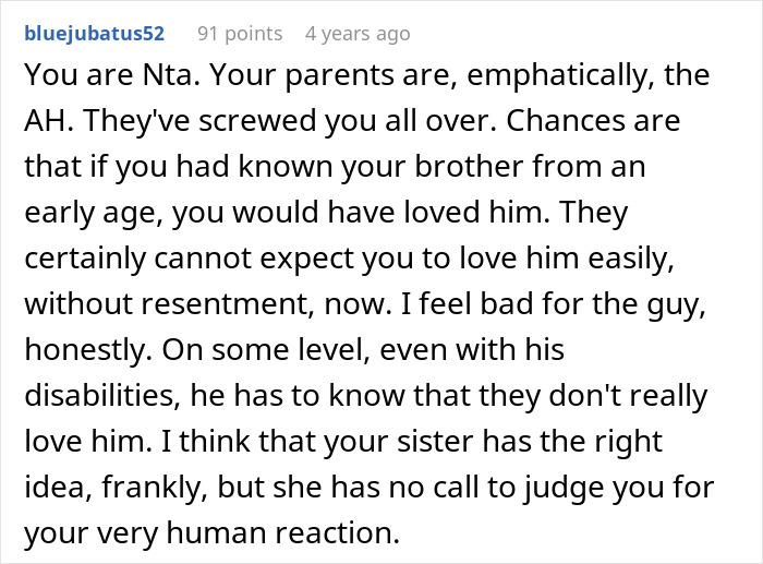 Alt text: Reddit comment discussing parents urging son to care for disabled brother and sister&rsquo;s anger over his refusal.
