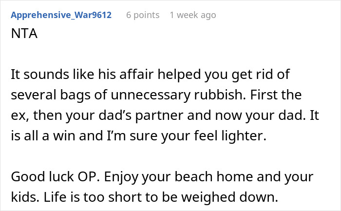 Screenshot of a Reddit comment discussing a man siding with his daughter&rsquo;s cheating ex during a divorce situation.