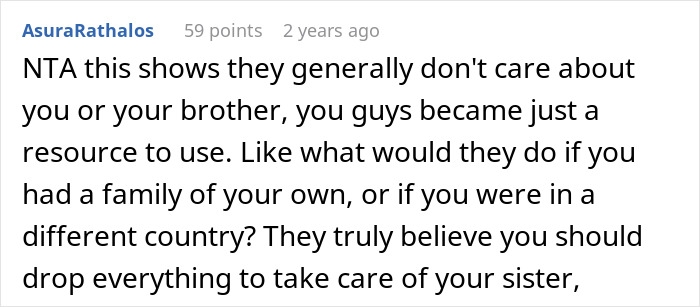 Screenshot of a forum comment discussing family conflict over caring for a disabled sister and accusations of ableism. Screenshot of a forum comment discussing family conflict over caring for a disabled sister and accusations of ableism.
