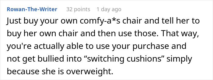 Comment discussing a woman&rsquo;s heavier roommate and the debate over paying more for a new couch.