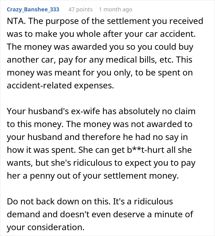 Woman uses car accident settlement money to buy a new car while husband&rsquo;s ex-wife reacts negatively online.