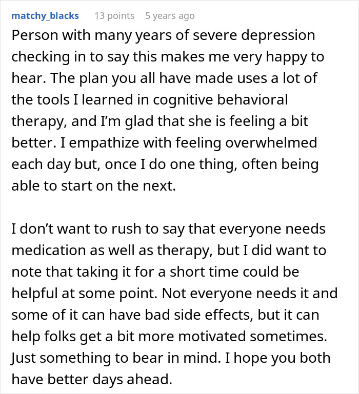 Comment about severe depression and cognitive behavioral therapy offering hope for motivation and better days ahead. Comment about severe depression and cognitive behavioral therapy offering hope for motivation and better days ahead.