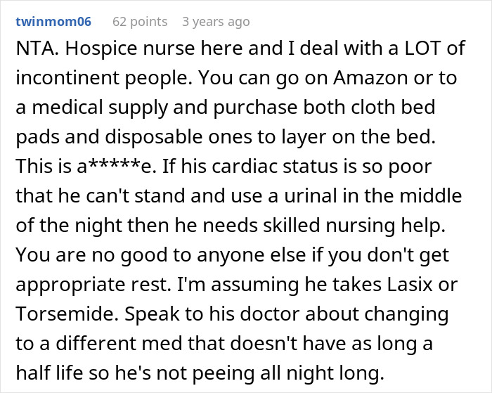 Hospice nurse advises on managing bed cleaning and incontinence for spouse refusing diapers or catheter use.