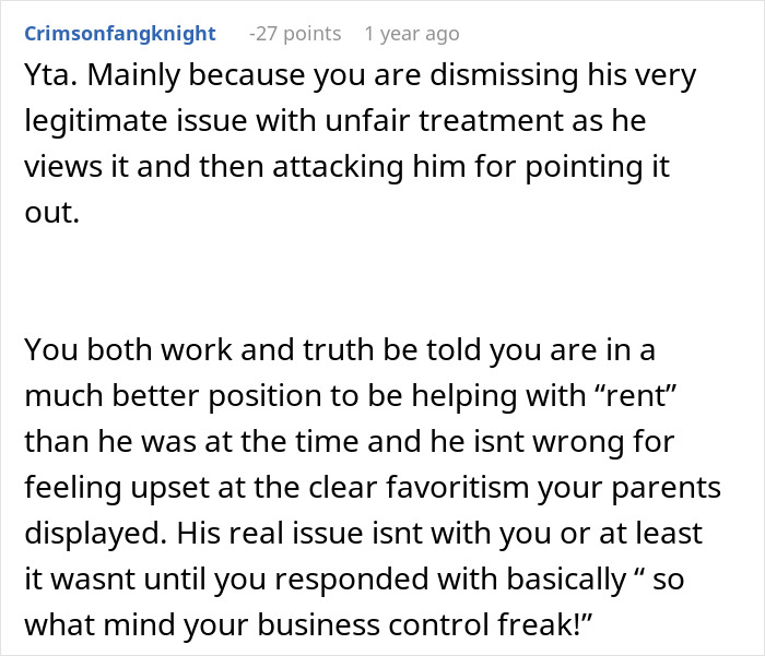 Reddit user discussing a woman calling out her brother for being controlling over the golden child label in family conflict.