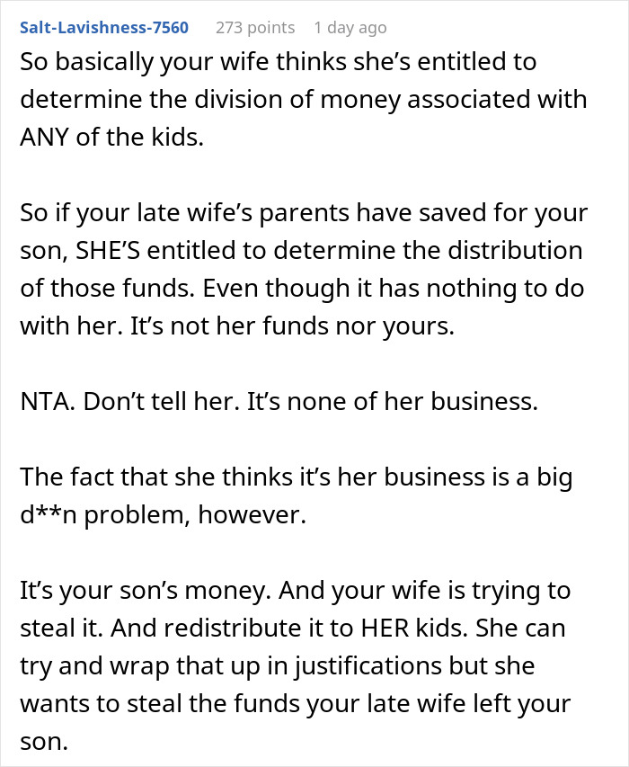 Screenshot of a Reddit comment discussing wife&rsquo;s tantrum over stepson&rsquo;s inheritance from late mother and entitlement to the funds.