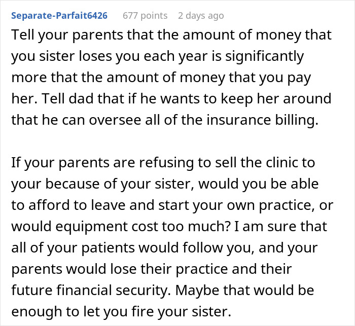 Comment discussing doctor refusing to rehire sister after financial loss and parents&rsquo; reaction to the situation.