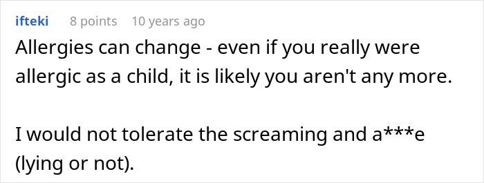 Comment discussing changes in food allergies and intolerance toward deceptive behavior from parents about allergies.