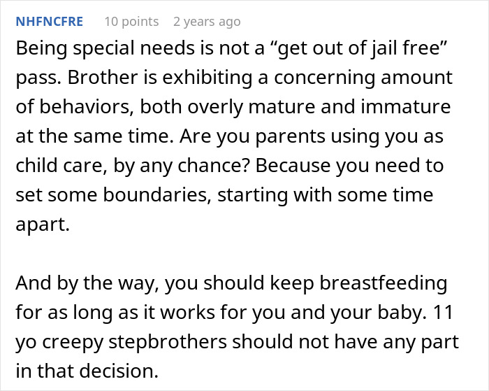 Comment discussing an 11-year-old acting beyond creepy around newborn stepsister and parents refusing to get help.