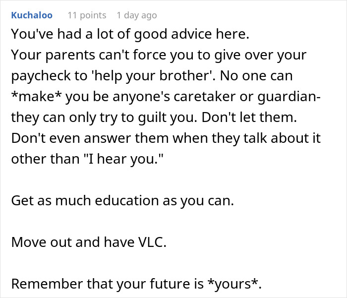 Text post discussing the sibling of autistic and epileptic brothers facing neglect and parental salary demands.