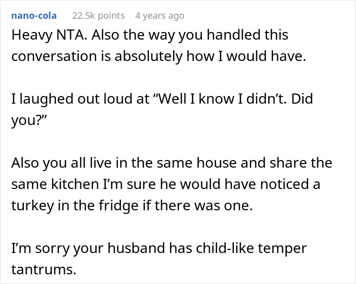 Screenshot of a Reddit comment discussing a woman upset her husband assumed she planned Thanksgiving without doing so.