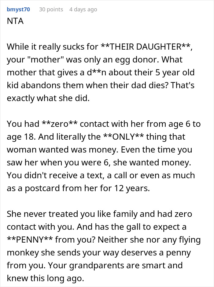 Comment discussing bio mom abandoning 4YO son and later demanding financial support despite no contact for years. Comment discussing bio mom abandoning 4YO son and later demanding financial support despite no contact for years.