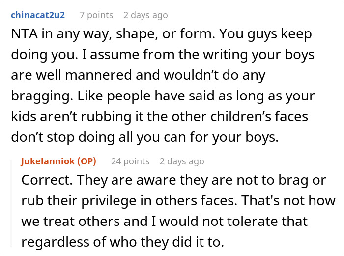 Screenshot of a Reddit conversation about a cheater wanting a rich ex to provide for her kids and frustration over unequal fancy trips.