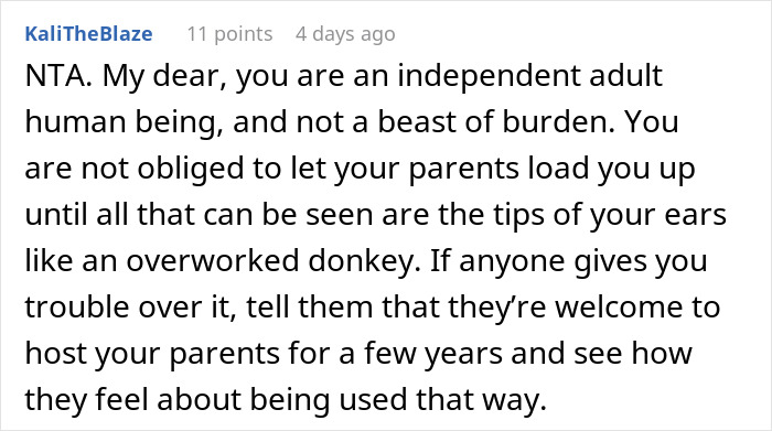 Screenshot of a Reddit comment about manipulative parents exploiting their adult daughter financially and emotionally.
