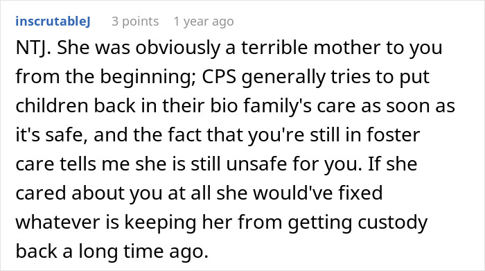 Comment discussing a teen torn about continuing to see biological mom treated like a second-rate child in foster care. Comment discussing a teen torn about continuing to see biological mom treated like a second-rate child in foster care.