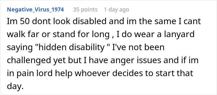 Comment from user about being disabled and wearing a hidden disability lanyard, expressing frustration over challenges faced. Comment from user about being disabled and wearing a hidden disability lanyard, expressing frustration over challenges faced.