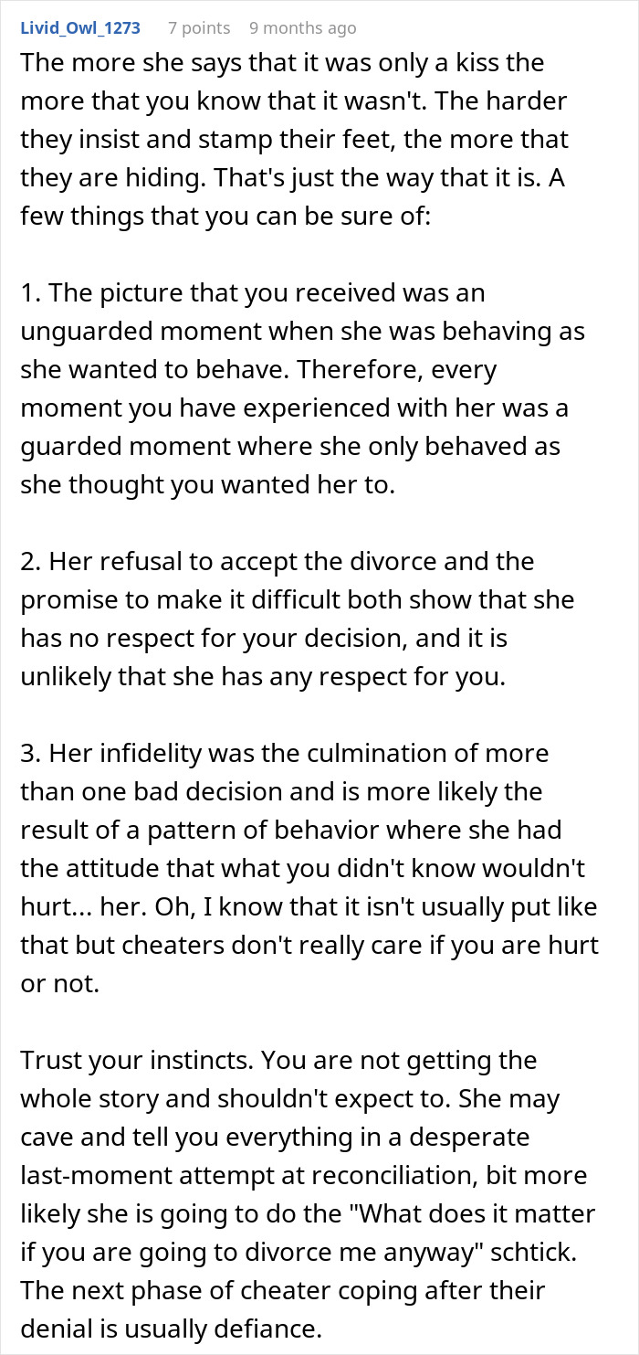 Comment discussing a lady kissing another man and family backlash over divorce caused by one kiss incident.