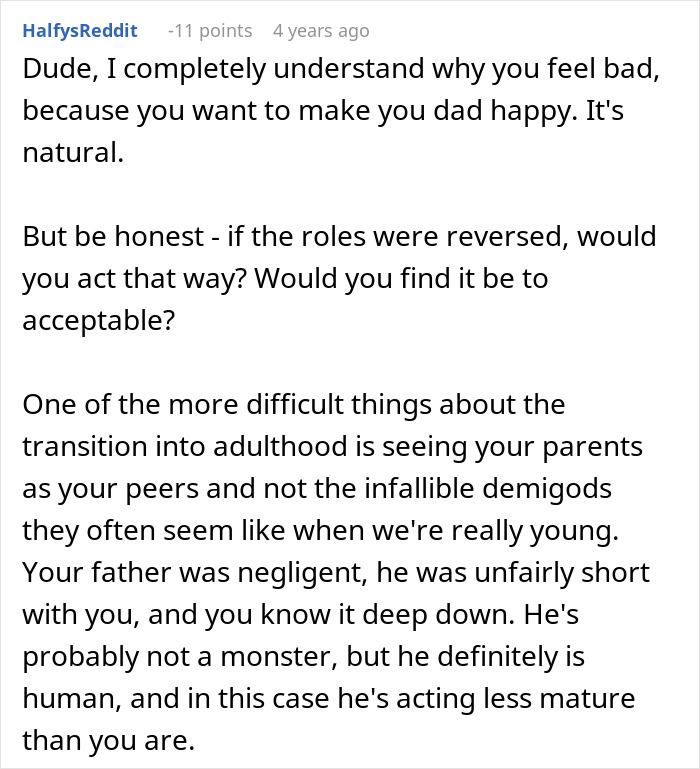 Comment thread discussing a teen telling dad would&rsquo;ve remembered if you cared after a cake fail incident.