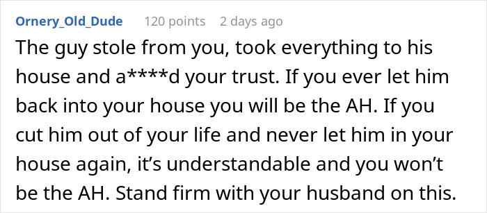 Screenshot of Reddit comment about a friend who ate everything owned, discussing not wanting them to return. Screenshot of Reddit comment about a friend who ate everything owned, discussing not wanting them to return.