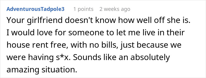 Comment discussing a woman refusing to pay bills after her boyfriend spends $600K on a house.