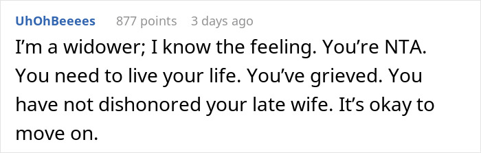 Comment from a widower offering support and advice about moving on after the death of a spouse.