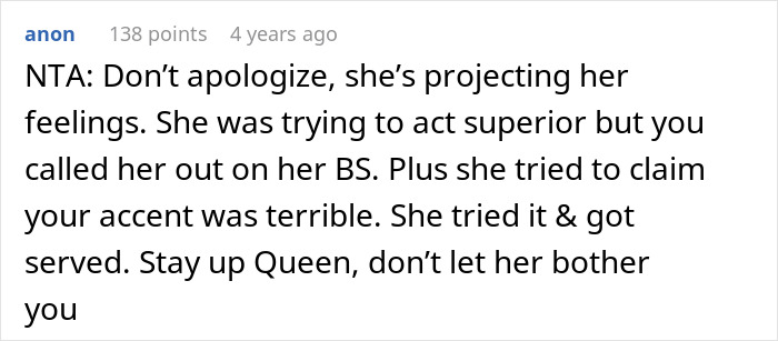 Screenshot of an online comment discussing a woman embarrassing a new colleague by speaking in a language she claimed to know well.