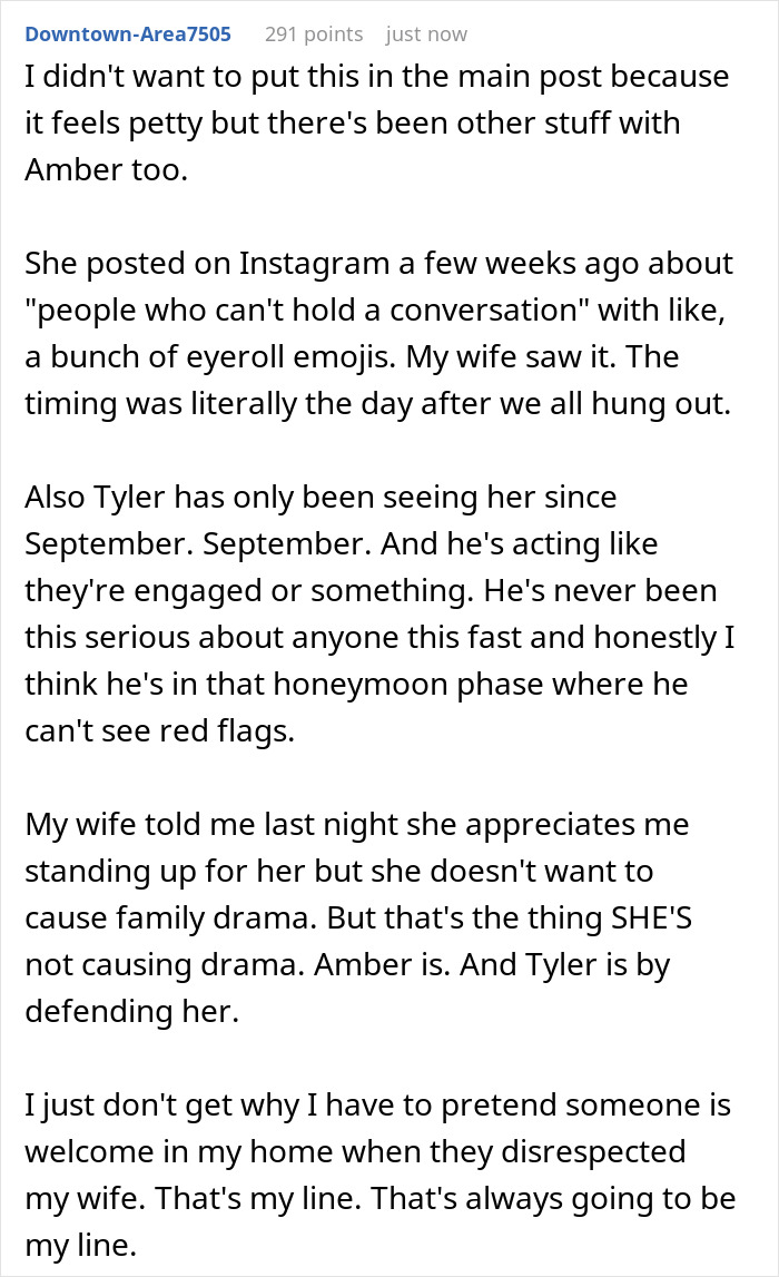 Text post discussing a man drawing a line after his brother&rsquo;s girlfriend mocks his wife, causing family Thanksgiving tension.