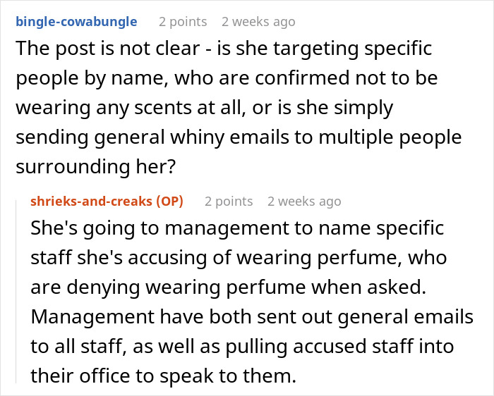 Reddit discussion about workplace banning perfume to accommodate an employee with allergies, who keeps complaining.