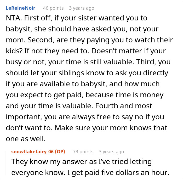 Comment explaining why paralyzed woman refuses to babysit, highlighting her valuable time and social life concerns.