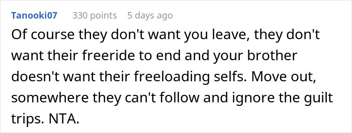 Screenshot of an online comment discussing manipulative parents exploiting their 30-year-old daughter financially and emotionally.