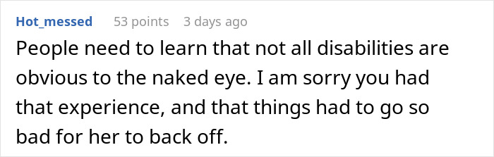 Screenshot of a comment discussing invisible disabilities in a shopper confrontation involving service dog fraud.