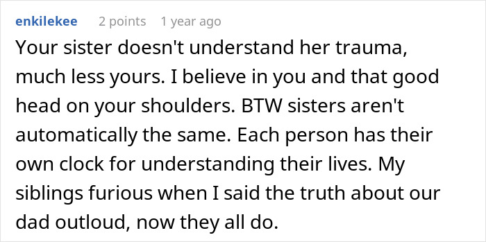 Comment discussing trauma and family dynamics related to a teen torn about continuing to see biological mom. Comment discussing trauma and family dynamics related to a teen torn about continuing to see biological mom.