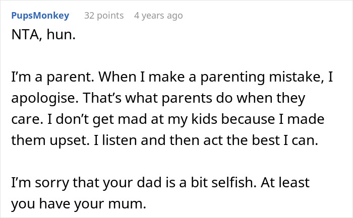 Comment discussing parenting mistakes and apology after a teen tells dad would&rsquo;ve remembered if he cared cake fail.