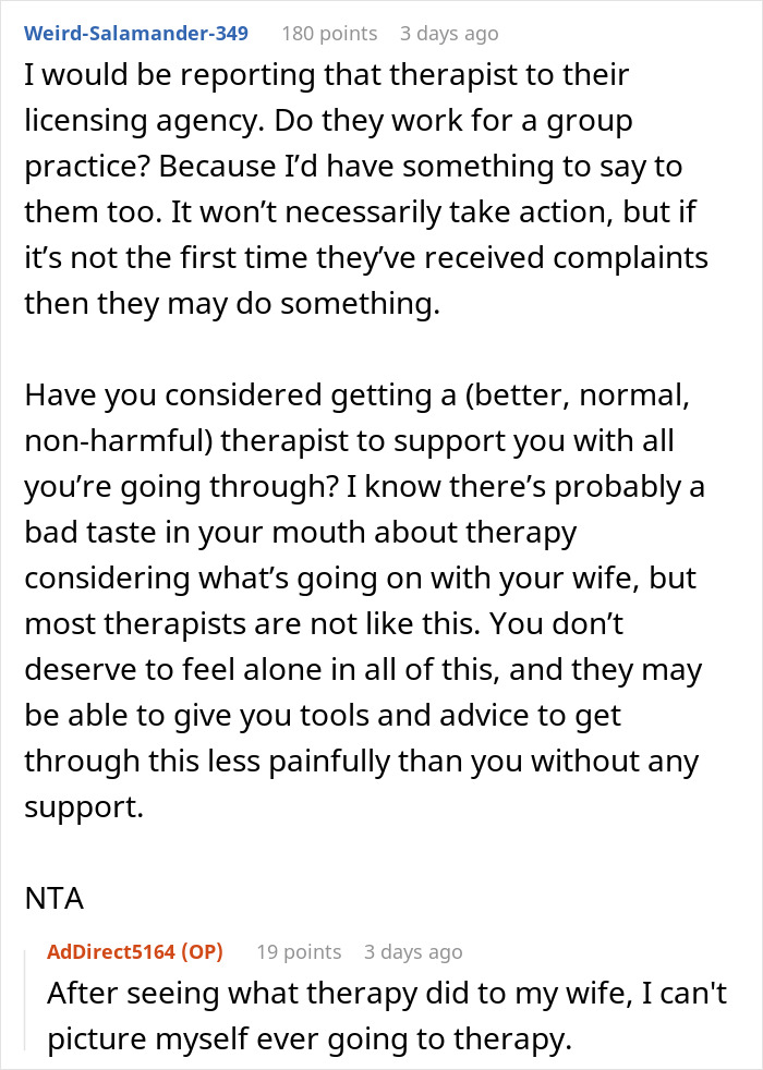 Comment discussing concerns about therapist behavior and advice on finding better therapy support in a troubled marriage situation.