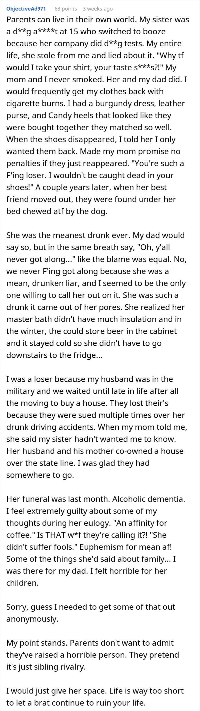 Text post describing a sibling cut off for a decade with parents ignoring the conflict and blocking on Instagram.